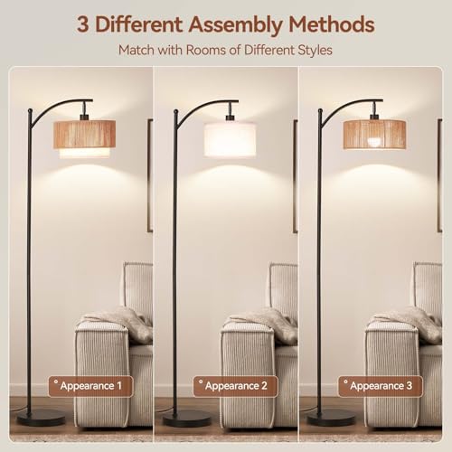 SUNMORY Arc Floor Lamp with Rattan Shade & 12W LED Bulb - Black / Rattan