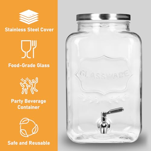 Moretoes 2 Pack 2 Gallon Glass Drink Dispensers with Stand & Spout - Party Beverage Set