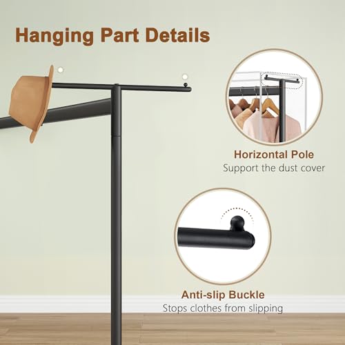 Heavy Duty Metal Clothing Rack with Cover - Black, Rolling Garment Rack with Wheels and Dustproof Cover