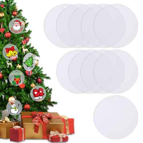 10Pcs Acrylic Ornament Blanks 4 Inch Circle Clear Blanks Round Transparent Disc Blanks with Hole for DIY Keychain Vinyl Crafts Christmas Decor Engraving Painting