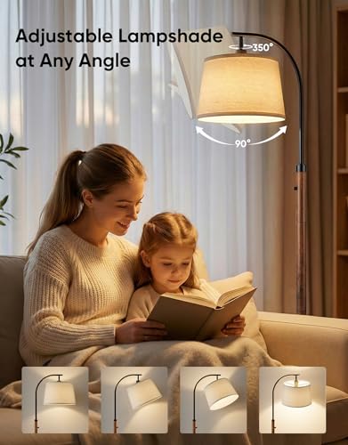 Dimmable Mid-Century Modern Arc Floor Lamp with Linen Shade - Black and Rustic Brown