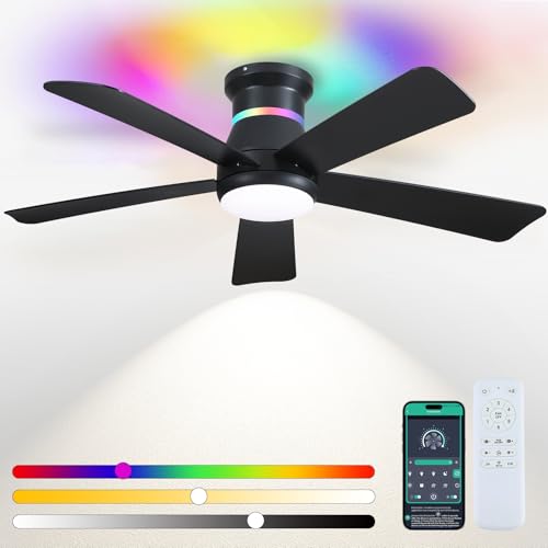 Black 46-Inch Ceiling Fan with RGB Lights - Flush Mount, Dimmable LED, Modern Low Profile