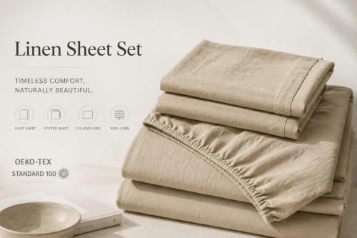 Queen Linen Sheets Set - 4Pcs 16-Inch Deep Pocket French Flax Linen