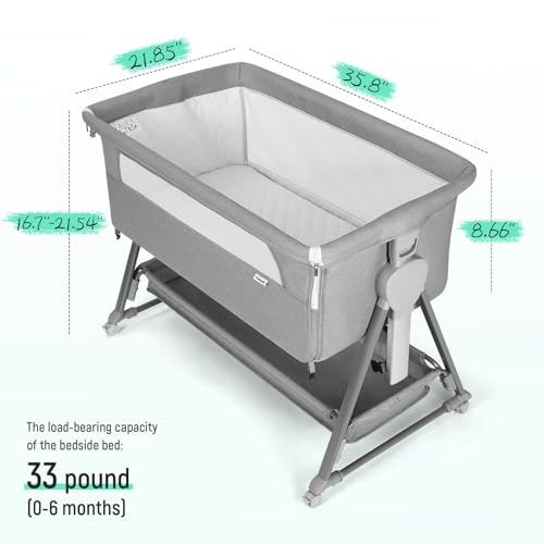 Cowiewie Pyramid Light Gray Baby Bedside Bassinet with 7-Position Height & Storage