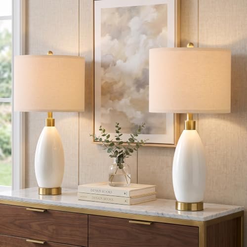 Set of 2 24-Inch Ceramic Table Lamps for Bedroom Living Room White