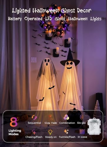 Minetom 2 Pack 5 FT Halloween Ghost Decorations with Lights & Veil-Witch Hat Variation