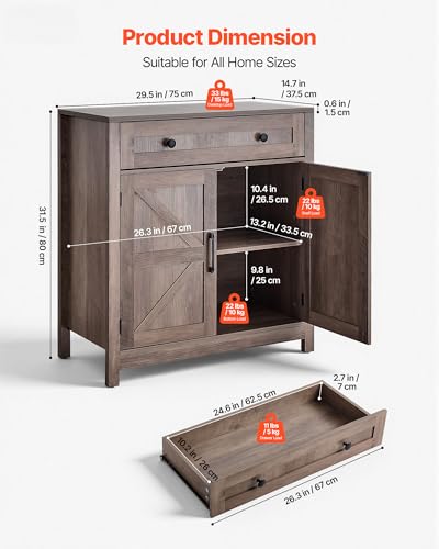 VEVOR Farmhouse Grey Buffet Cabinet with 2 Barn Doors & Adjustable Shelves - 30" Coffee Bar Sideboard with Drawers