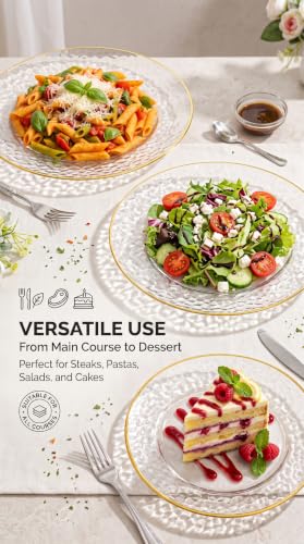 SUT 100Pcs Clear Disposable Plastic Plates with Gold Rim - Heavy Duty & Elegant Wedding Dinnerware, Include 50 Dinner & 50 Dessert Plates