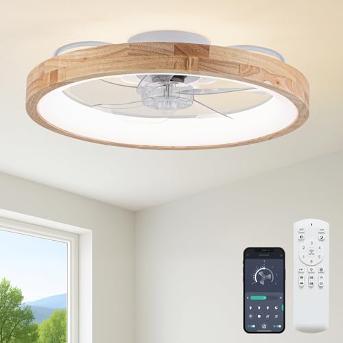 20-Inch Wooden Low Profile Ceiling Fan with Light and Remote - Dimmable & Reversible