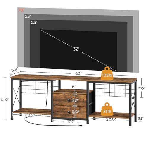YATINEY Rustic Brown 63" TV Stand with Power Outlet, Fabric Drawers & Open Shelves