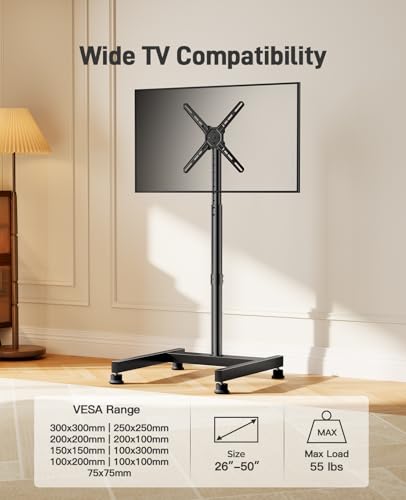 Floor TV Stand with Mount for 26-50 Inch TVs - Adjustable, Rotatable & Tiltable, Up to 55 Lbs, PGFS12 - for 26"-50" Screens