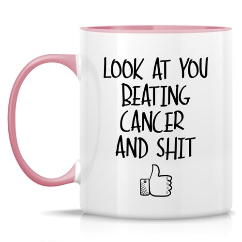 Retreez Funny Cancer Beating 11oz Ceramic Mug - White with Pink Handle & Inner
