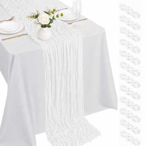 Miraluna 12-Pack White Cheesecloth Table Runners 17x108in – Semi-Sheer, No-Cut Banquet Linen (White, 12pcs)
