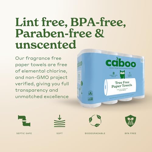 Caboo Tree-Free Bamboo Paper Towels - 8 Family Size Rolls, Eco-Friendly & Absorbent