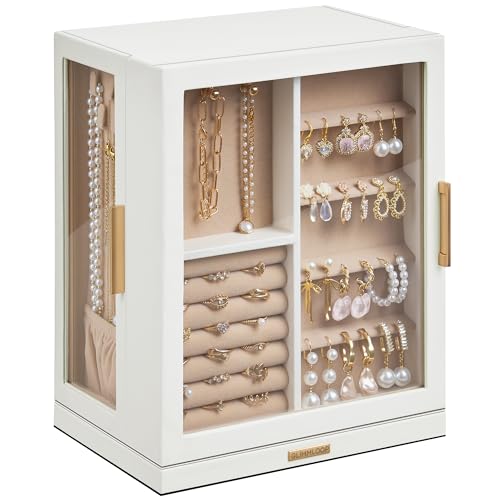 Glimmloop 360° Rotating Jewelry Box with 5 Drawers - White, Spacious Vertical Organizer with Glass Windows