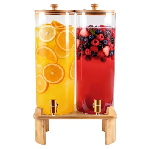 Large Glass Beverage Dispenser Set with Wood Stand - 2 Gallon Water & Juice Containers