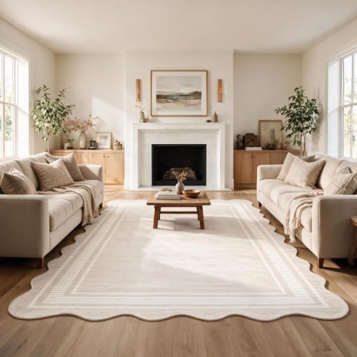 Garvee Beige 8x10 Scalloped Area Rug Non-Slip Washable Living Room Rug