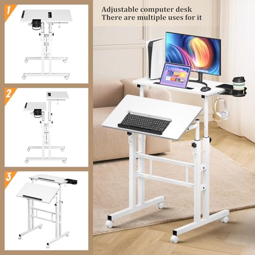 Enayplon White Standing Desk with Wheels - Adjustable Mobile Sit-Stand Table