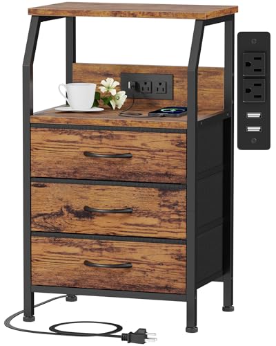 Furnulem Rustic Brown 3-Drawer Nightstand with Charging Station - Bedside Table