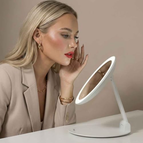 Travel Magnifying Makeup Mirror with Lights - 10x Magnification, Rechargeable, Adjustable Height Stand, Portable LED Vanity Mirror