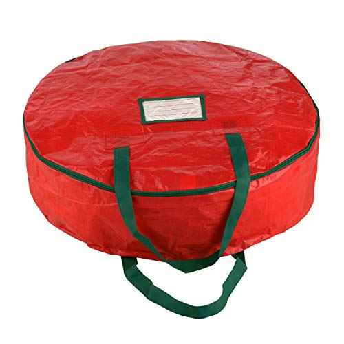 Wreath Storage Bag - 24-inch Organizer for Artificial Christmas Wreaths and Garland - Holiday Themed Tote with Green Handles by Tiny Tim Totes (Red)