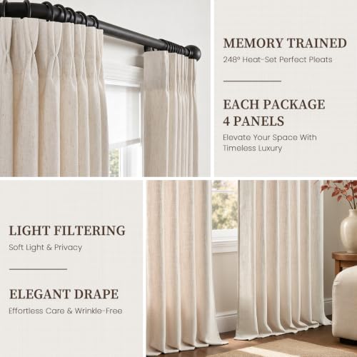 Oatmeal Linen Curtain Set - 4 Panels, 40W x 96L, Pinch Pleated, Privacy