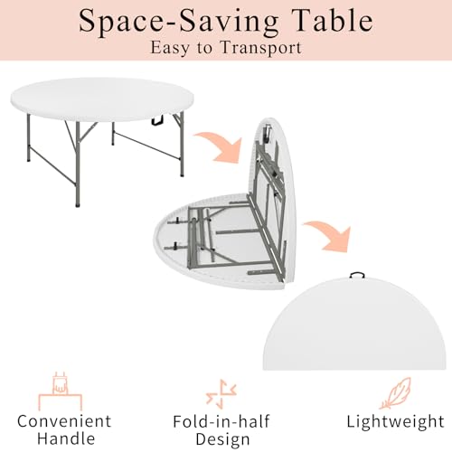 4 FT White Round Folding Table with Carrying Handle - Portable Plastic Outdoor Indoor
