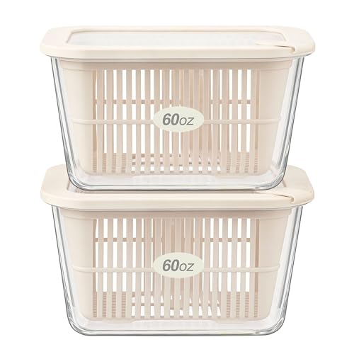 Urban Green Ivory White Glass Food Storage Containers Set with Lids & Colanders, 60oz, Leakproof, Microwave Safe, BPA Free - 2 Pack