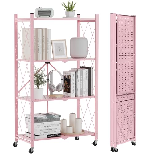 Pink 4-Tier Folding Metal Storage Shelf with Wheels - No Assembly
