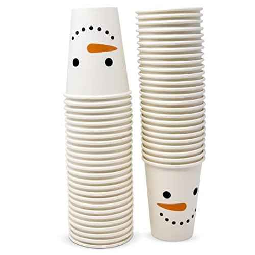 Gift Boutique 50 Disposable Christmas Snowman Cups 9 Oz. Paper Dinner Drinking Cup in Cute Xmas Winter Snow Man Design Beverage Drink Dinnerware Set for Festive Holiday Tableware Party Supplies