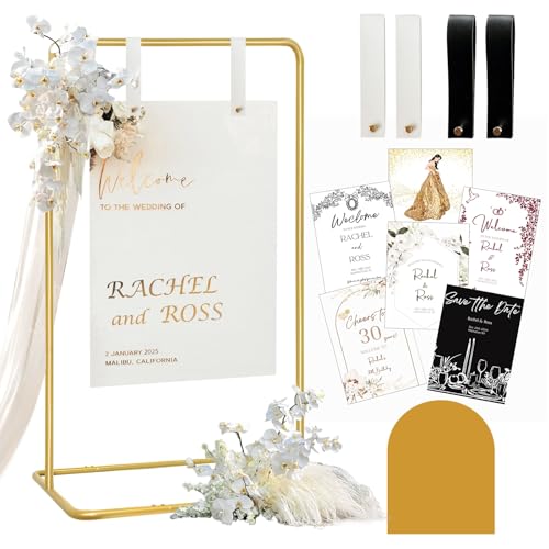 Furosa Gold Wedding Sign Holder with Adjustable Height & Leather Straps - Heavy Duty Easel for Welcome Sign & Seating Chart
