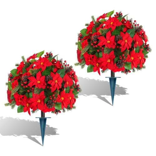 Yangrass 2PCS Poinsettia Topiary Trees with Spike - Christmas Decor