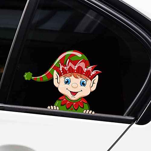 Cute Christmas Santa Claus Peeking Car Sticker - Reindeer Snowman Window Bumper Decal - Waterproof Vinyl Vehicle Truck Laptop Wall Decoration (Cute Elf)