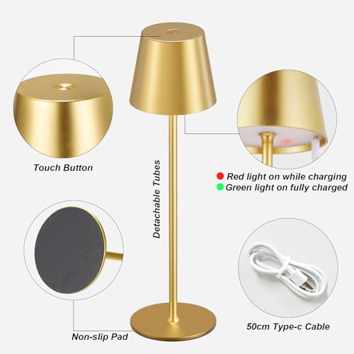 Cordless Rechargeable Table Lamp - Gold, 3 Color Dimming & Touch Control, Down Light Variation