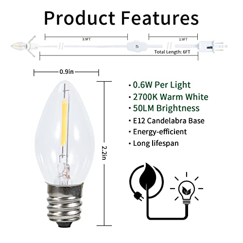 6FT Accessory Light Cord with Single LED Bulb, Blow Mold Replacement Light Kit, C7 Clip Light with One Bulb On/Off Switch & 2-Prong Plug for Salt Lamp, Christmas Village House, Craft Projects, 2 Packs