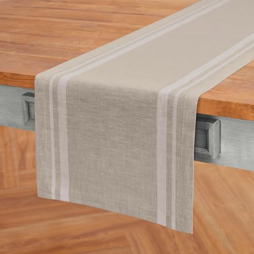 Solino Home 100% Pure Linen Table Runner White & Natural 14 x 108 in French Stripe