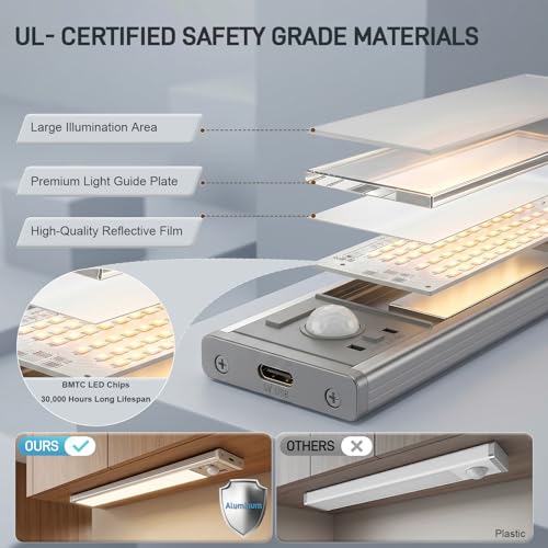 10-Inch Aluminum Under Cabinet Light - Rechargeable, Dimmable, 3 Colors, Magnetic Motion Sensor - 6 Pack