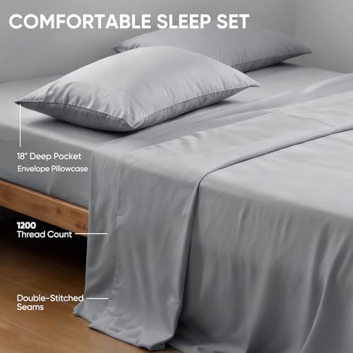 Queen Size Bamboo Viscose Bed Sheets Set with Deep Pockets - Gray, Silky Soft & Breathable