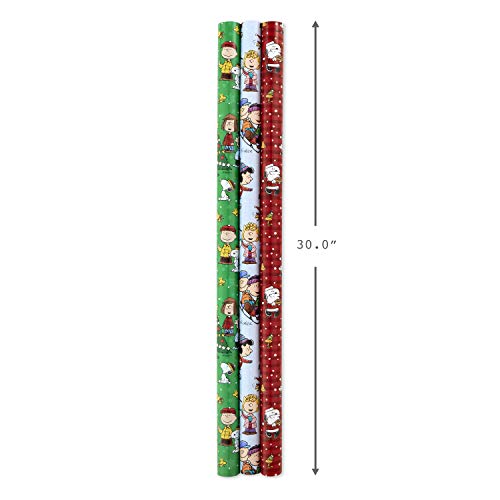 Hallmark Christmas Peanuts Wrapping Paper with Cut Lines, 3-Pack Holiday Gift Wrap