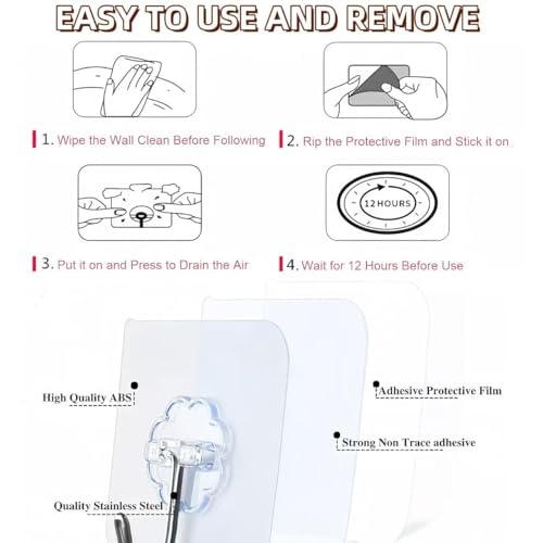 Transparent 100 Pack Heavy Duty Self Adhesive Hooks - Supports 50 lbs, Reusable Wall Hooks for Kitchen, Bathroom, Office, Outdoor