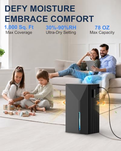 Dehumidifier for Home and Bathroom - 1000 Sq.Ft, 78oz Water Tank, Aromatherapy & Sleep Mode - Black
