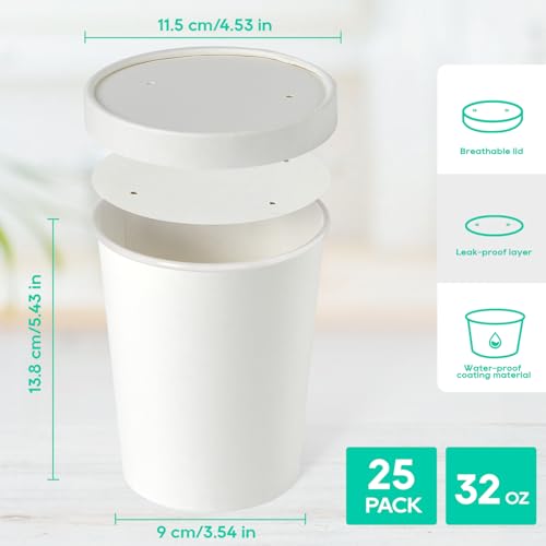 32oz Paper Soup Containers with Lids - 25 Pack, Disposable Takeout Cups