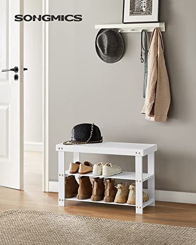 Cloud White 3-Tier Bamboo Shoe Rack Bench, Entryway Organizer, 27.6" Wide