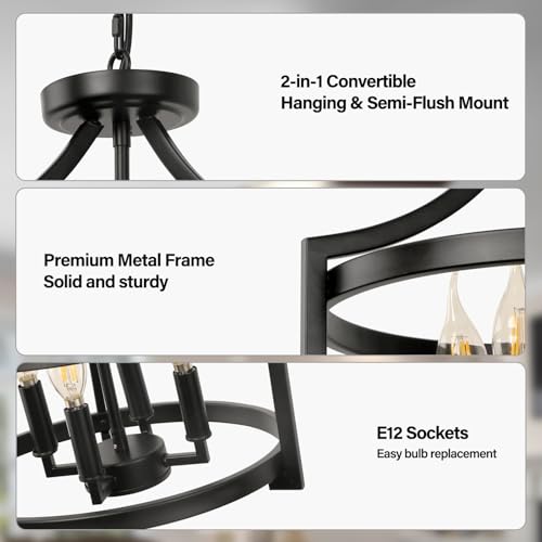 4-Light Farmhouse Chandelier Black Semi Flush Mount Ceiling Light - Adjustable Height, Rustic Style
