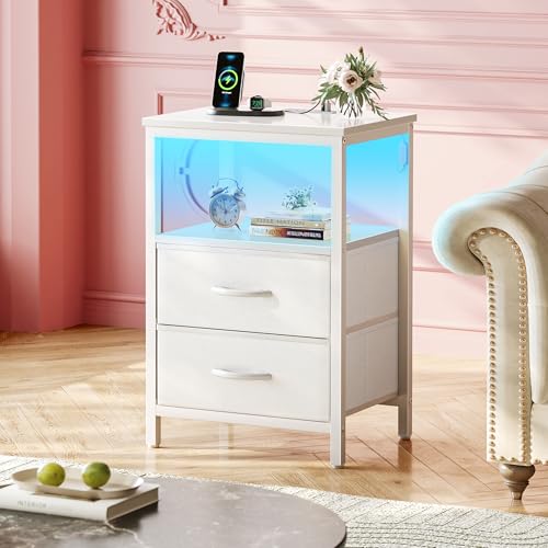 Huuger White Night Stand with Charging Station & LED Lights, 2 Drawer, 11.8"D x 15.7"W x 23.6"H