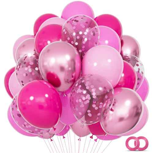 68Pcs Pink Balloons Kit 12 Inch Metallic Pink Balloon, Pink Confetti Balloon and Baby Pink Party Balloons with Ribbons for Birthday, Wedding, Baby Shower, Graduation Decorations.