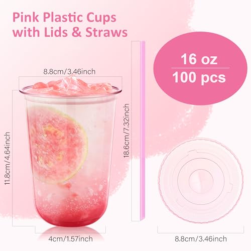 Pink Plastic Disposable Cups with Lids & Straws - 16oz, 100 Sets