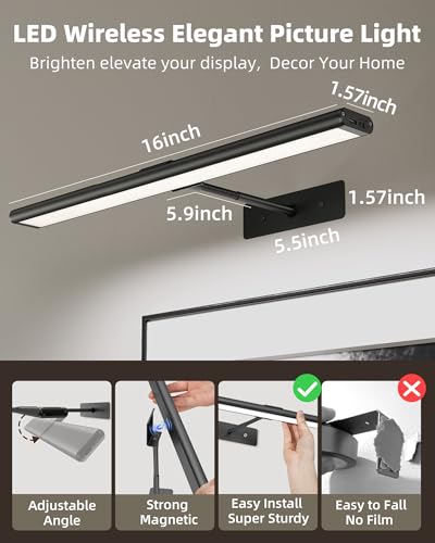 EZVALO 16-Inch Rechargeable Magnetic LED Picture Light with Remote, Dimmable Black Wall Art Lighting