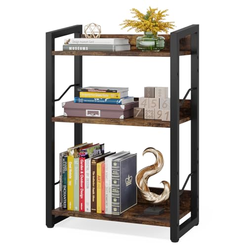 Rustic Brown 3-Tier Small Bookshelf Bookcase with Edge Protection