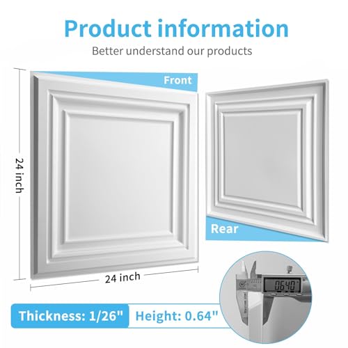 Art3d 24 Pack White 24x24 Inch PVC Ceiling Tiles - 3D Drop Ceiling & Wall Panels